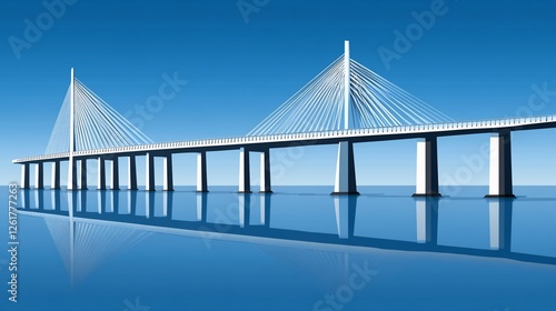 Cable-stayed bridge spans calm ocean under clear sky