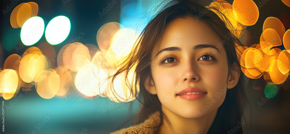 Fototapeta premium a mid-20s East Asian woman with a gentle expression, blurred background with a bokeh effect.