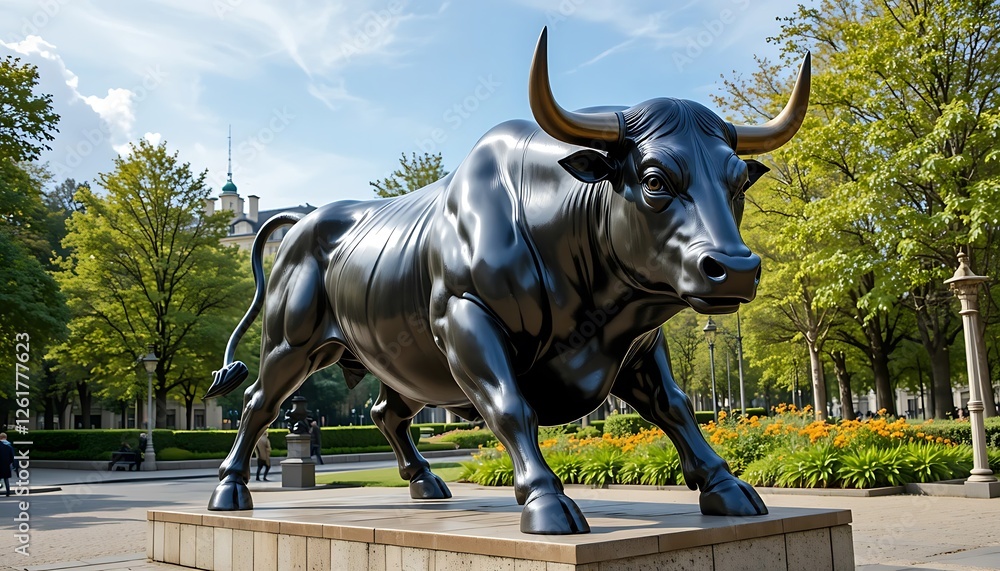 Large Black Bull Statue in a Park Setting on a Sunny Day Large Black Bull Statue in a Park Setting on a Sunny Day