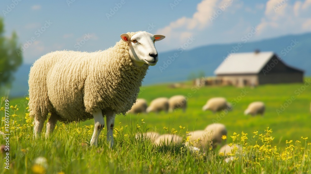 Naklejka premium Sheep farm livestock modern concept. A sheep stands prominently in a lush green field, with several others grazing nearby, against a backdrop of mountains and a rustic barn.