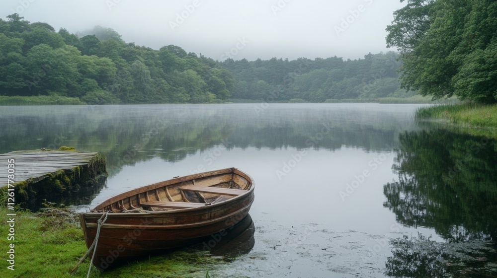 Wooden Rowboat Moored on Misty Lake Shore Wooden Rowboat Moored on Misty Lake Shore