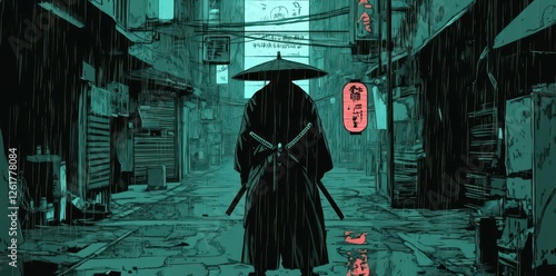 A lone samurai stands in a rainy cyberpunk styled street