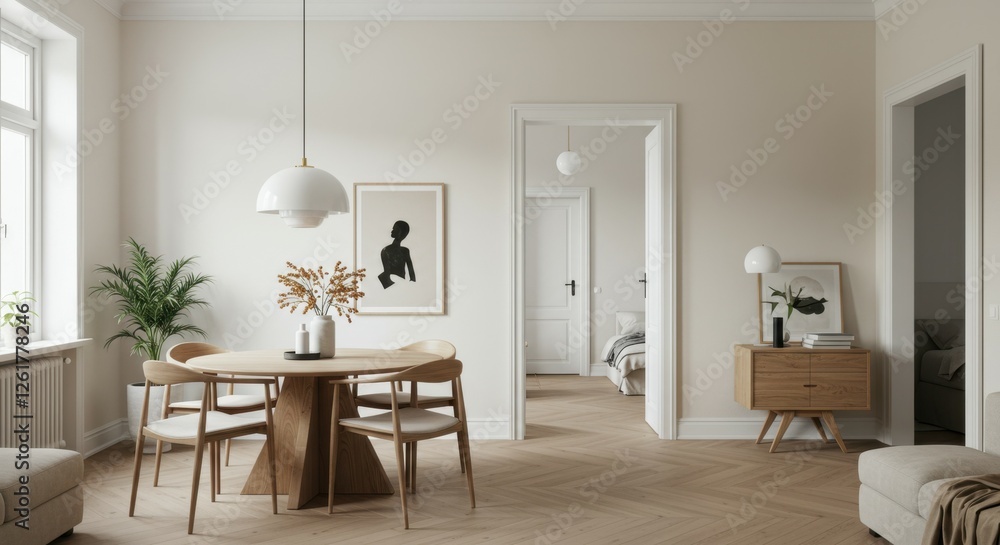 Minimalist dining room, white brick wall, large empty frame, wooden table and chairs, track lighting, vase with branches, neutral color palette, Scandinavian design, clean lines, spacious interior, na Minimalist dining room, white brick wall, large empty frame, wooden table and chairs, track lighting, vase with branches, neutral color palette, Scandinavian design, clean lines, spacious interior, na