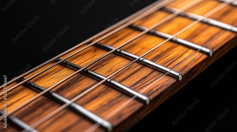 Close-up view of a guitar fretboard showcasing detailed craftsmanship and elegant wooden texture. Close-up view of a guitar fretboard showcasing detailed craftsmanship and elegant wooden texture.
