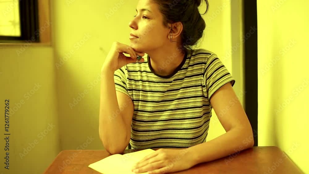 A young Indian woman thinking and writing in her journal in the morning A young Indian woman thinking and writing in her journal in the morning