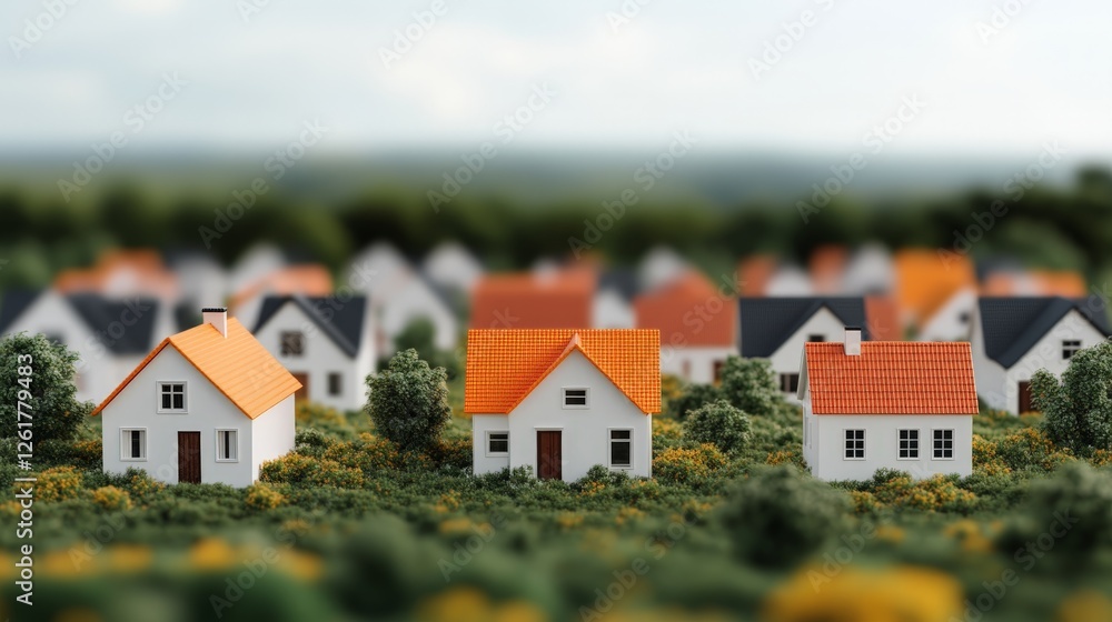 Miniature Homes in a Quaint Landscape with Orange Rooftops and Green Surroundings Miniature Homes in a Quaint Landscape with Orange Rooftops and Green Surroundings