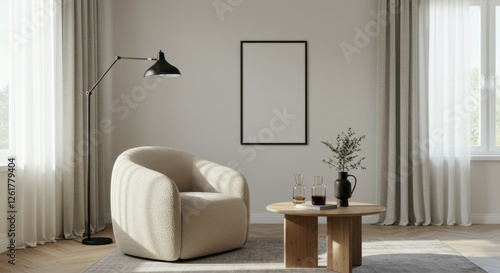 Minimalist living room, curved beige armchair, wooden round coffee table, floor lamp, framed mirror, white curtains, large window, natural light, beige rug, neutral color palette, contemporary interio