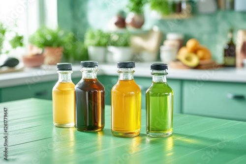 Four Bottles Of Cooking Oil In A Kitchen Setting photo