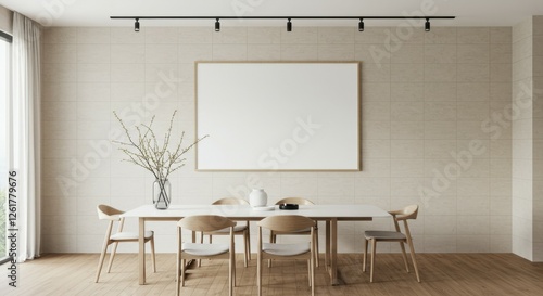 Modern minimalist dining room, white brick wall, large blank canvas, wooden dining table, mid-century chairs, track lighting, ceramic vases with branches, neutral color palette, open space, contempora photo