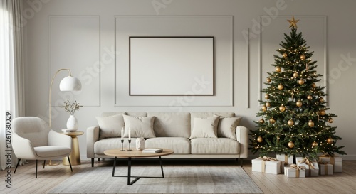 Wallpaper Mural Christmas tree, decorated living room, white sofa, gold ornaments, cozy interior, blank picture frames, modern coffee table, holiday decor, warm lighting, wooden floor, festive atmosphere, minimalist  Torontodigital.ca