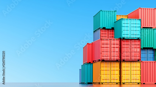Stacked Colorful Shipping Containers Against Blue Sky