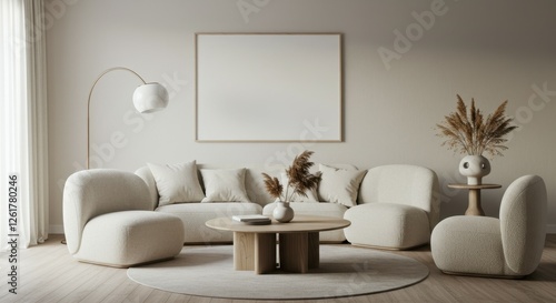 Minimalist living room, neutral color palette, beige sofa, white walls, blank frame above couch, decorative tree branch, side tables, throw pillows, cozy blanket, natural light, clean lines, modern de