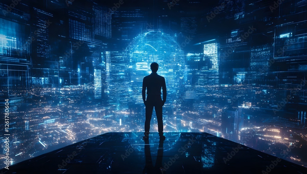Silhouette figure, cityscape, futuristic digital overlay, global vision Silhouette figure, cityscape, futuristic digital overlay, global vision