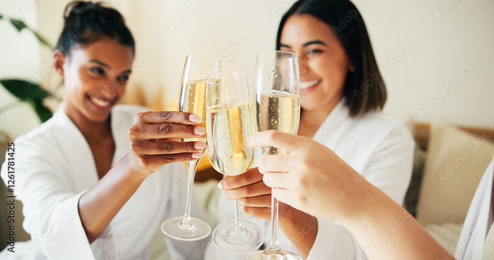 Hands, friends and champagne for toast at spa, relax and happy for reunion, bonding or diversity at resort. People, girl and group with glasses, drinks or alcohol for cheers in hotel room on vacation Hands, friends and champagne for toast at spa, relax and happy for reunion, bonding or diversity at resort. People, girl and group with glasses, drinks or alcohol for cheers in hotel room on vacation