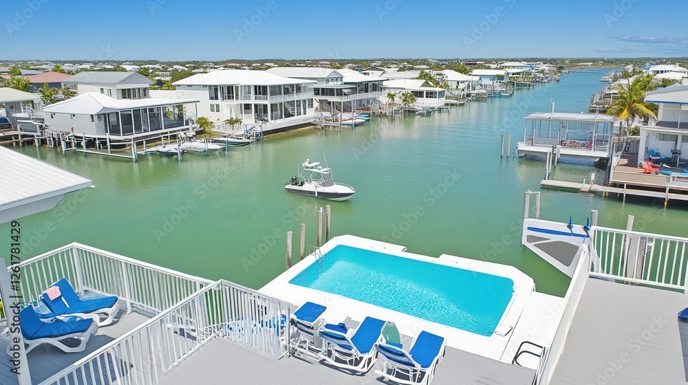 Fototapeta premium Waterfront Home with Private Pool and Boat Dock