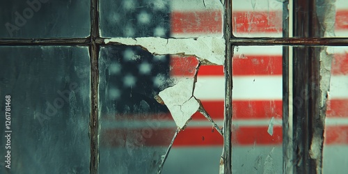 American flag seen through a broken and old window pane