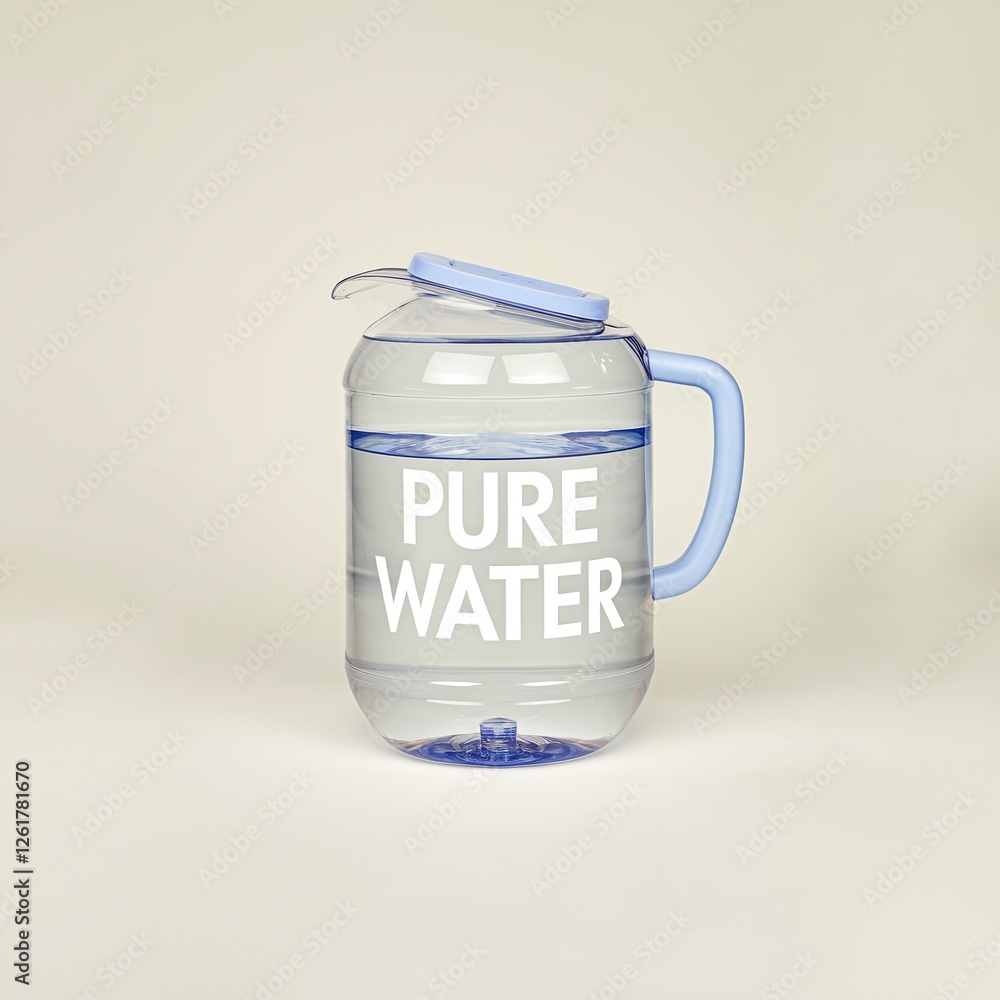 Fototapeta premium Clear water pitcher labeled 'Pure Water' with a light blue lid on a neutral background