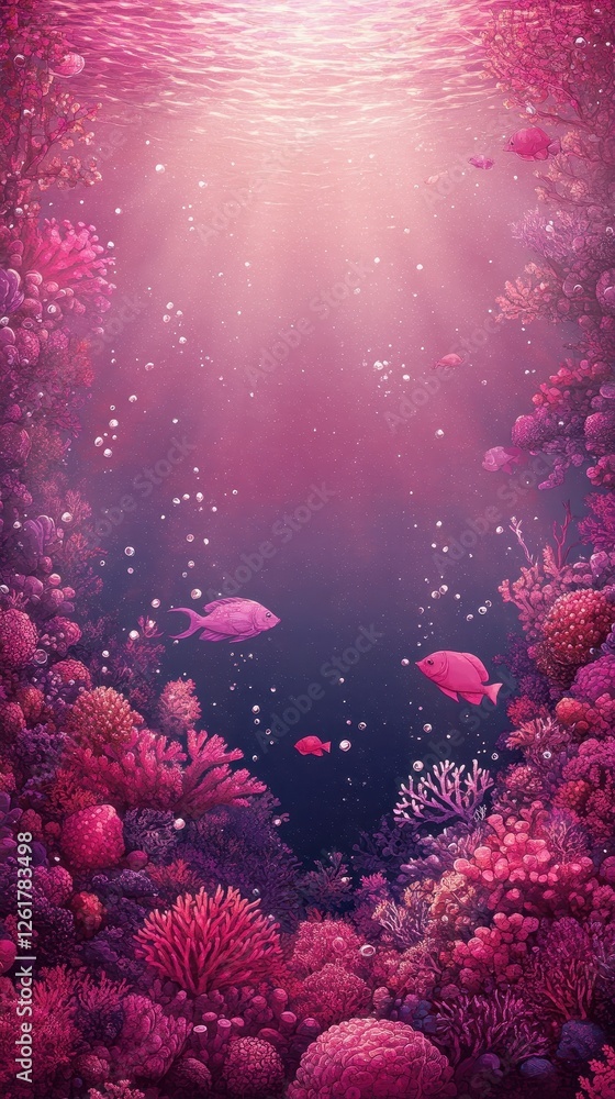 Fototapeta premium Vibrant underwater coral reef with pink fish and bubbles