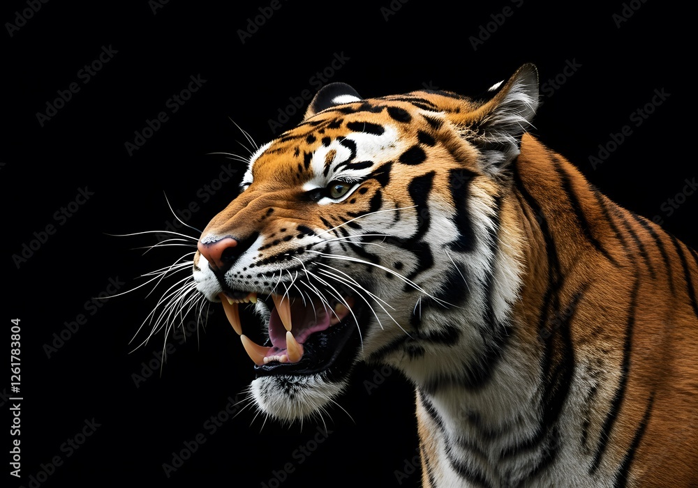Fototapeta premium Powerful Tiger Roaring Against a Black Background