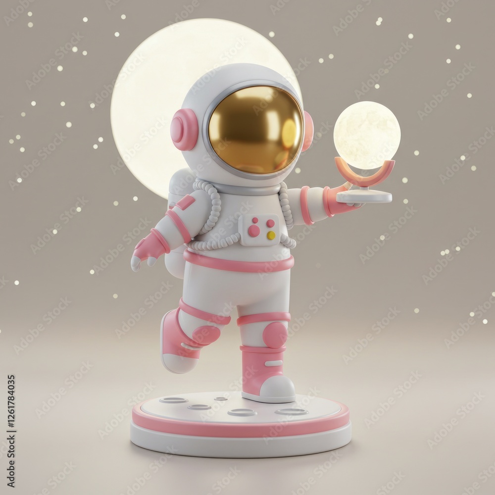 Naklejka premium Astronaut Holding Moon Lamp Against Starry Sky Background Illustration