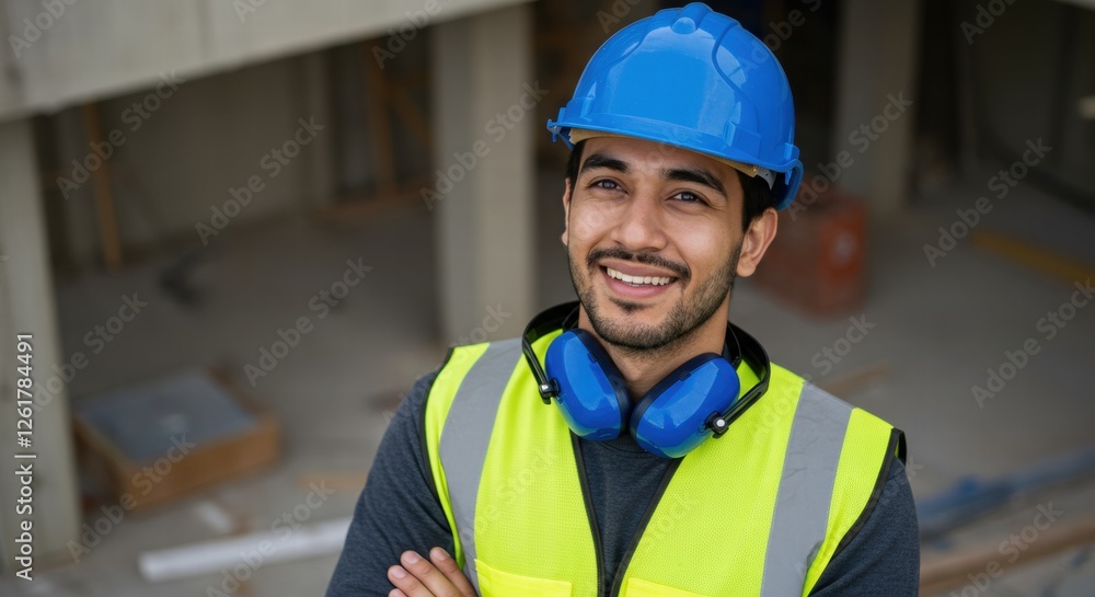 A smiling male construction worker wearing a hard hat and safety gear at a construction site A smiling male construction worker wearing a hard hat and safety gear at a construction site