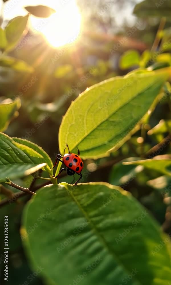 Ladybug perched on a green leaf during sunset in nature Ladybug perched on a green leaf during sunset in nature