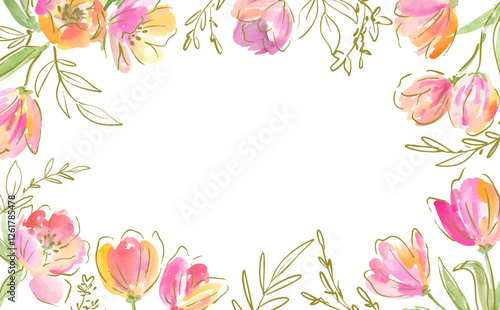 A vector frame of abstract tulips painted in watercolor with gold lines. A hand-drawn tulip background illustration for spring.