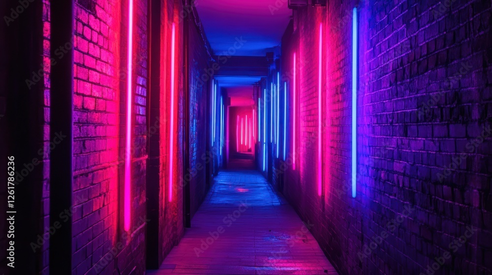 Neon-lit brick corridor. Neon-lit brick corridor.