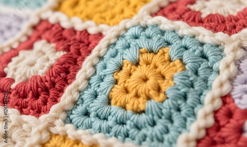 crochet granny square design with bright, vibrant colors, featuring delicate flowers like sunflowers and daisies at the center of each square, Generative AI