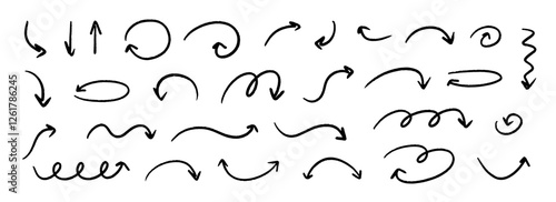 Hand drawn curved and straight arrow set. Black grunge sketch arrow collection. Doodle sketched pointers and direction lines. Wavy and zigzag brush stroke bundle for flyer, poster, brochure. Vector