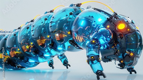Cybernetic Centipede: A futuristic, chrome-plated centipede robot with glowing orange eyes and sleek, segmented body, rendered in high-resolution 3D graphics. This image evokes themes of innovation.