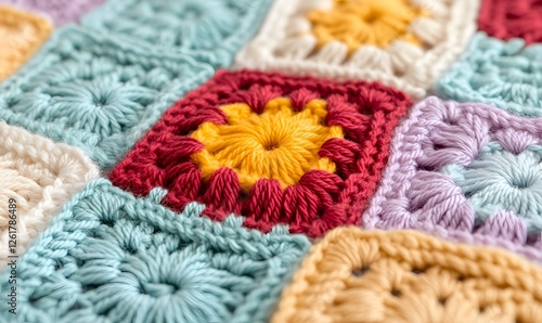 crochet granny square design with bright, vibrant colors, featuring delicate flowers like sunflowers and daisies at the center of each square, Generative AI