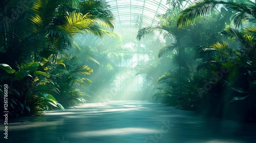 Serene Tropical Greenhouse: Lush Palms and Sunlight in a Tranquil Garden