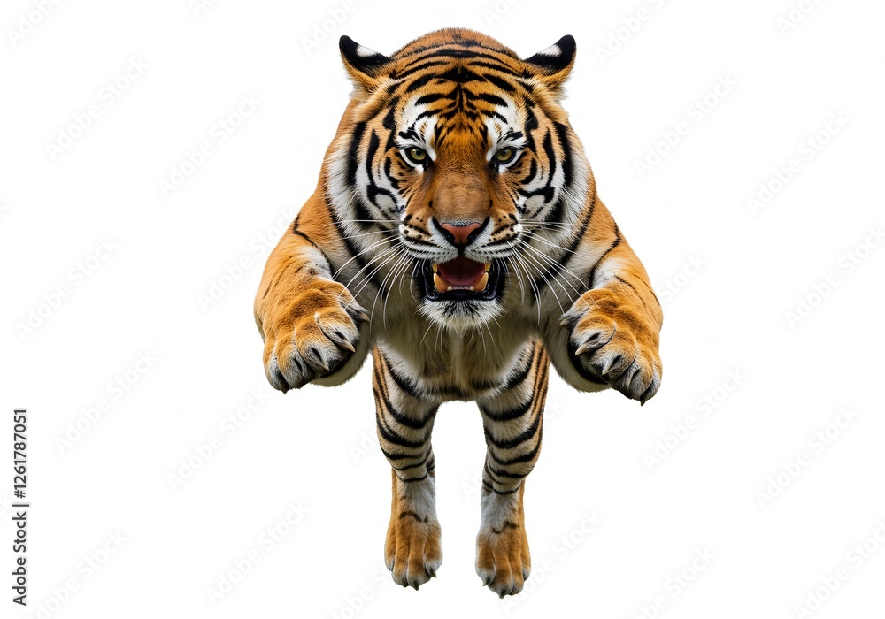 Fototapeta premium Powerful Tiger in Mid-Leap, Isolated on White