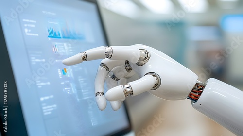 Showcasing innovation robotic hand interacts with touchscreen in office environment