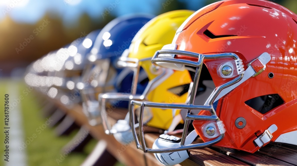 Fototapeta premium Strategic Formation: Row of 3D Football Helmets on Wooden Bench Before Game.