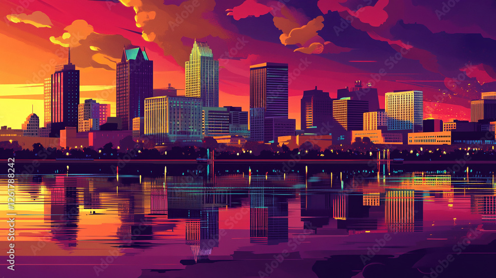 Naklejka premium vintage retro illustration metropolitan city landscape district background