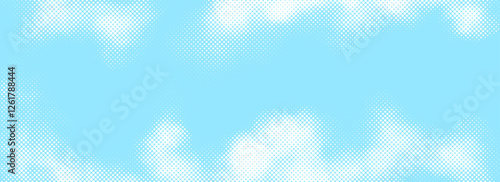 Dotted comic cloud background. White halftone clouds in sky. Pop art heaven wallpaper for banner, brochure, collage, poster, leaflet. Pixelated smoke, smog or fog texture. Vector illustration