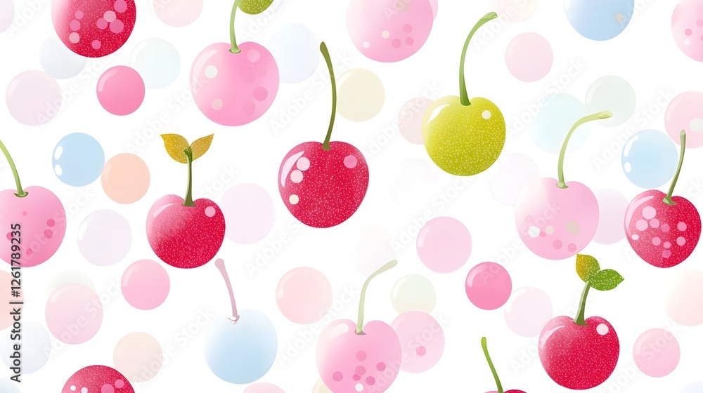 Colorful Cherry and Dot Pattern on a White Background for Design Colorful Cherry and Dot Pattern on a White Background for Design