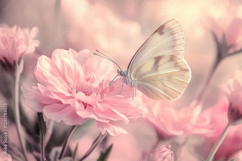 Naklejka premium Pale Butterfly Resting on Delicate Pink Flower