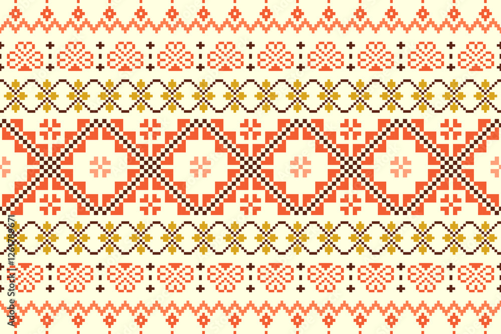Embroidery ethnic oriental pixel art pattern.Traditional ethnic motifs ikat geometric fabric pattern cross stitch.Aztec style,abstract background vector illustration.Texture,scarf,decoration,wallpaper