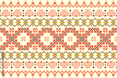 Embroidery ethnic oriental pixel art pattern.Traditional ethnic motifs ikat geometric fabric pattern cross stitch.Aztec style,abstract background vector illustration.Texture,scarf,decoration,wallpaper