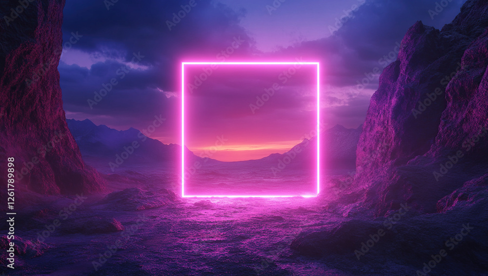 Obraz premium Mystical Neon Frame in Mountain Landscape