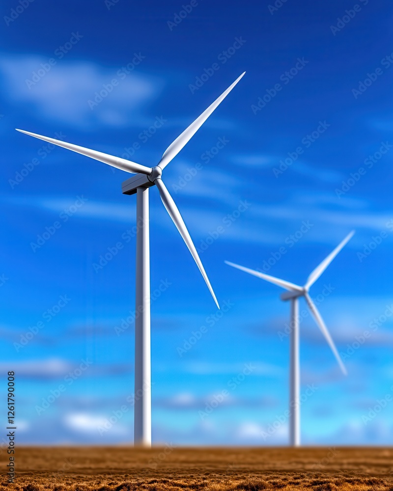 Two wind turbines stand tall against a bright blue sky, embodying sustainable energy and environmental awareness. Two wind turbines stand tall against a bright blue sky, embodying sustainable energy and environmental awareness.
