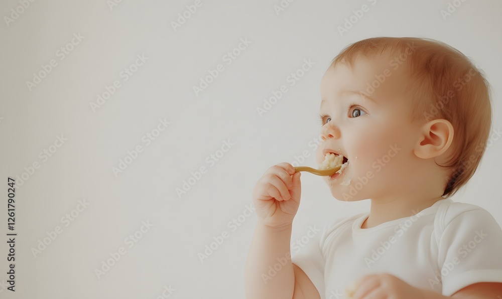 Adorable baby eating baby food on his own with a spoon, Generative AI Adorable baby eating baby food on his own with a spoon, Generative AI
