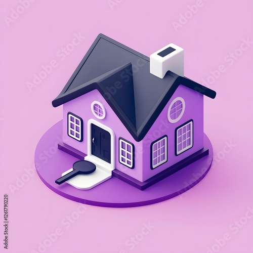 3D Purple House Icon with Key, Showing Ownership photo