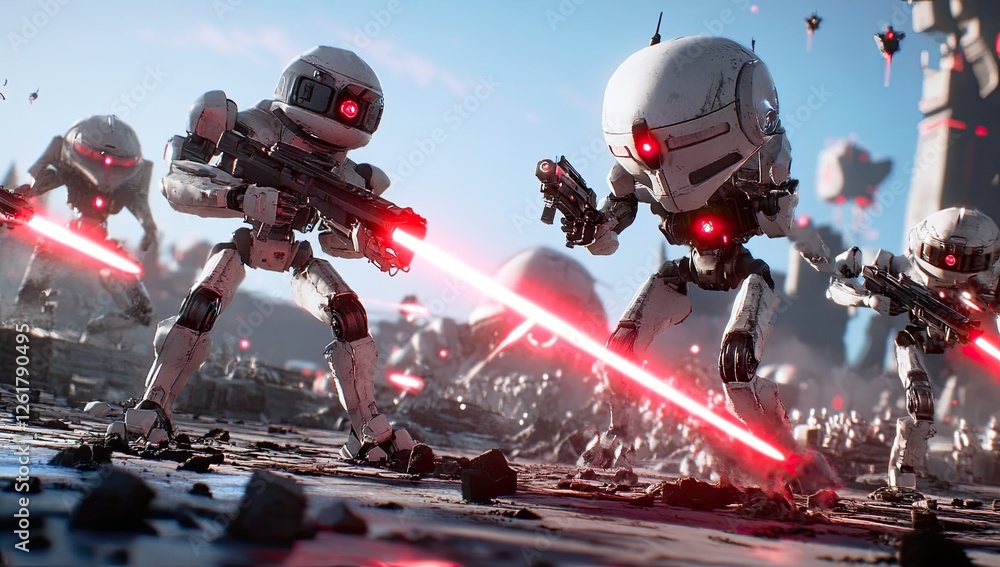Fototapeta premium Robotic Soldiers Battle on Desolate Planet