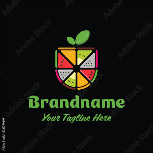 Letter U or Shield Juice Logo, made up of sliced watermelons, oranges, kiwi, and dragon fruit
