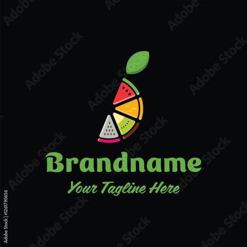 Letter J Juice Logo, made up of sliced watermelons, oranges, kiwi, and dragon fruit