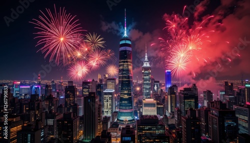 New year's eve fireworks spectacle shanghai event photography urban skyline aerial view celebration concept